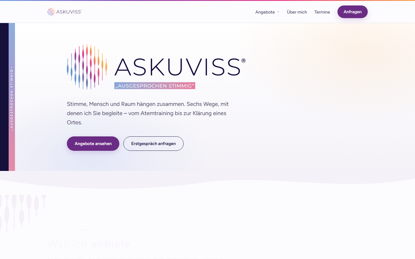 Startseite der Website ASKUVISS für Stimme, energetische Arbeit und Seminare